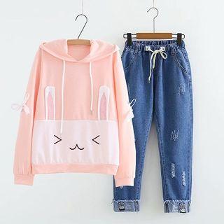 Set: Rabbit Hoodie + Distressed Straight-cut Jeans