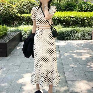 Short-sleeve Dotted Cropped Blouse / Midi A-line Skirt / Set