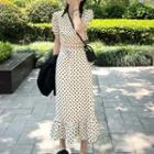 Short-sleeve Dotted Cropped Blouse / Midi A-line Skirt / Set