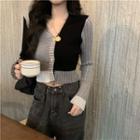 Color Block Crop Cardigan Black & White & Gray - One Size