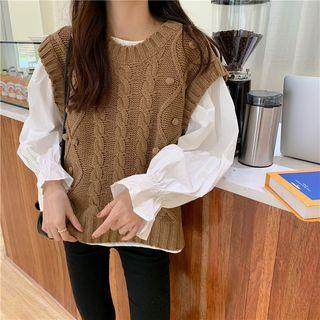 Puff Sleeve Blouse / Rib Knit Vest
