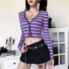 Butterfly Applique Striped Zip-up Cropped Cardigan