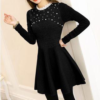 Faux Pearl Lace Trim Long Sleeve Knit Dress