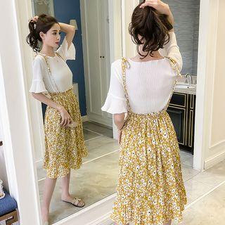 Set: Elbow-sleeve Top + Floral Suspender Midi Skirt