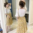 Set: Elbow-sleeve Top + Floral Suspender Midi Skirt