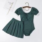 Set: Short-sleeve Lace Trim Swimsuit + Swim Skirt