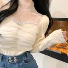 Long-sleeve Mesh Panel Frill Trim T-shirt