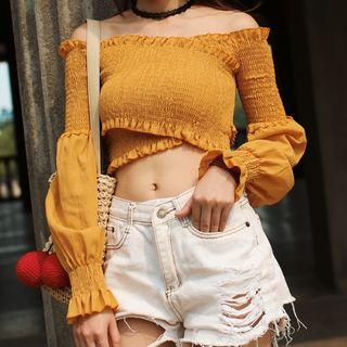 Off-shoulder Long-sleeve Smocked Crop Top