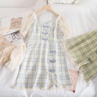 Puff-sleeve Plaid Frog-buttoned A-line Dress