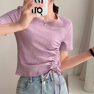 Short Sleeve Ribbed Drawstring Crop Blouse