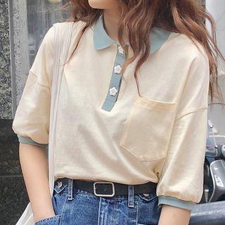 Elbow-sleeve Color Block Flower Buttoned Polo Shirt