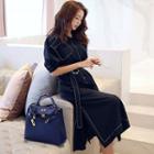 Tie Waist Side Slit Midi Collared Dress