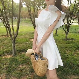 Plain Off-shoulder High-waist A-line Dress
