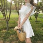Plain Off-shoulder High-waist A-line Dress