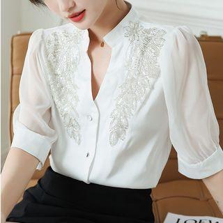 Elbow-sleeve Sequined Shirt