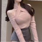 Halter-neck Off-shoulder Knit Top Pink - One Size