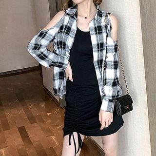 Set: Long-sleeve Plaid Could Shoulder Shirt + Spaghetti Strap Drawstring Mini Dress