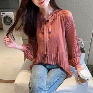 Accordion Pleated Long-sleeve Tie-neck Blouse