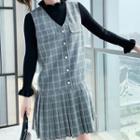 Set: Ruffle Trim Knit Top + Sleeveless Plaid A-line Dress