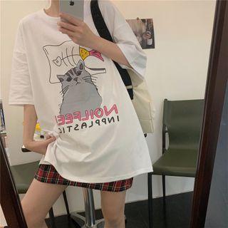 Cartoon Cat Print Elbow-sleeve T-shirt
