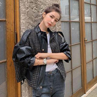 Faux Leather Panel Tweed Biker Jacket