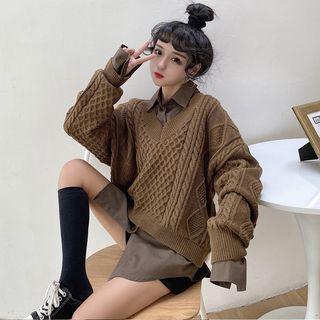 Long-sleeve Plain Shirt / Cable-knit Sweater
