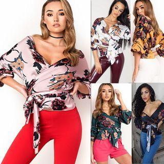Balloon-sleeve Floral Print Tie-front Blouse