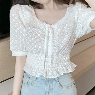 Elbow-sleeve Cropped Eyelet Blouse White - One Size