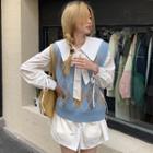 Argyle Knit Vest / T-shirt / Mini A-line Shirt Dress