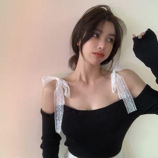Long-sleeve Off-shoulder Lace Trim Knit Top