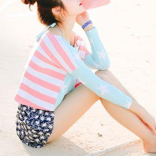 Set: Print Bikini + Long Sleeve Cropped T-shirt + Shorts