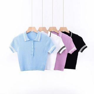 Set: Short-sleeve Ribbed Polo Knit Top + Pencil Skirt
