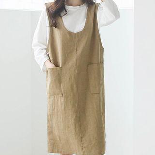 U-neck Dual-pocket Midi Pinafore Dress