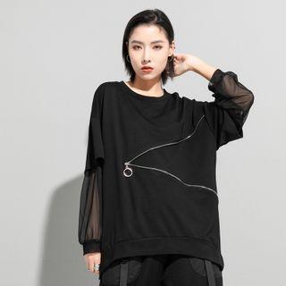 Round-neck Plain Mesh Oversize Zip Top Tshirt - One Size