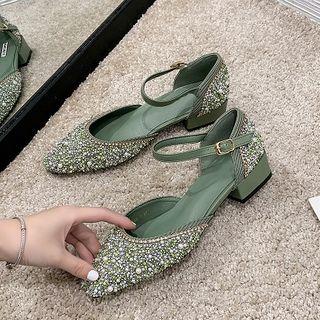 Pointed Rhinestone Chunky Heel Dorsay Pumps