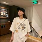 Elbow-sleeve Unicorn Embroidery T-shirt