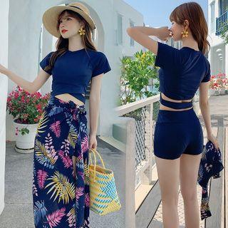 Set: Short-sleeve Cropped Swim Top + Bottom + Printed Slit Swim Skirt