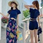 Set: Short-sleeve Cropped Swim Top + Bottom + Printed Slit Swim Skirt