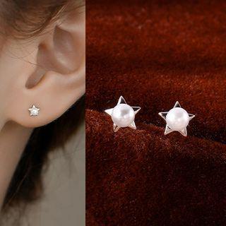 Faux Pearl Star Sterling Silver Earring 1 Pair - White - One Size