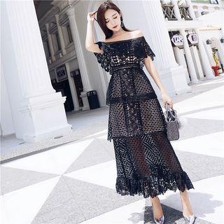 Short-sleeve Off Shoulder Lace A-line Midi Dress