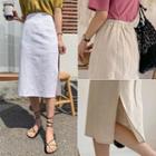 Deep-slit Linen Blend Midi Skirt