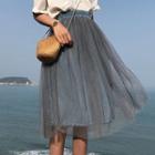 Mesh Overlay Denim A-line Skirt As Shown In Figure - One Size