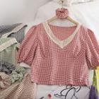 V-neck Lace Trim Gingham Cropped Top