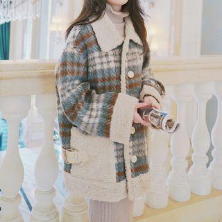 Plaid Fleece Trim Button-up Jacket