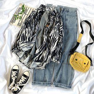 Zebra Print Shirt / Elbow-sleeve T-shirt / Wide-leg Jeans