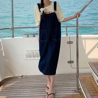 Short-sleeve T-shirt / Denim Midi Overall Dress / Set