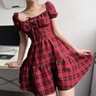 Puff Sleeve Plaid Smock A-line Dress