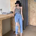 Striped Strappy Top / Ripped Elastic Waist Cropped Jeans