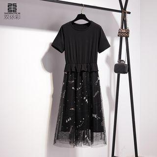 Short-sleeve Embroidered A-line Midi Mesh Dress
