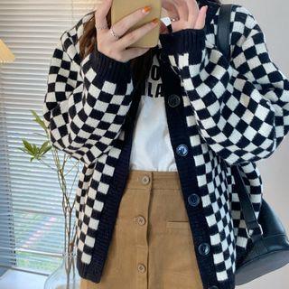 Round-neck Chessboard Pattern Cardigan